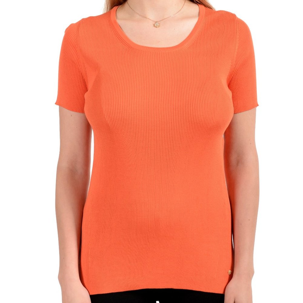Versace 100% Silk Bright Orange Striped Blouse Top